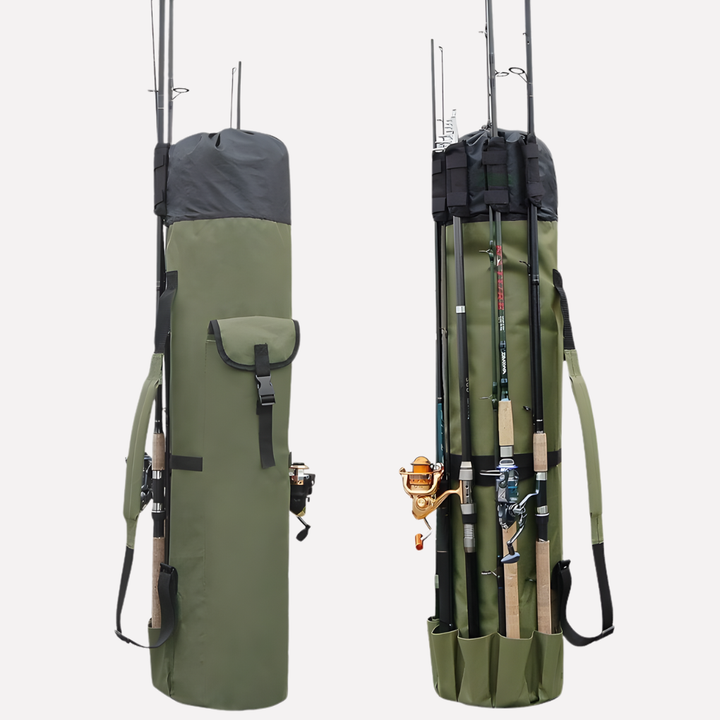 Portable multi-compartment fishing rod & reel storage case, organizer for tackle & angler's gear.