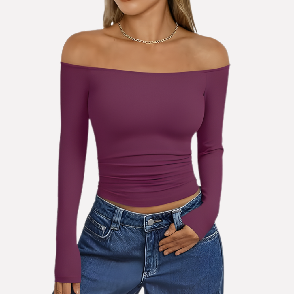 Women's off-shoulder long sleeve top. A chic, relaxed fit blouse for casual or going out fashion.
