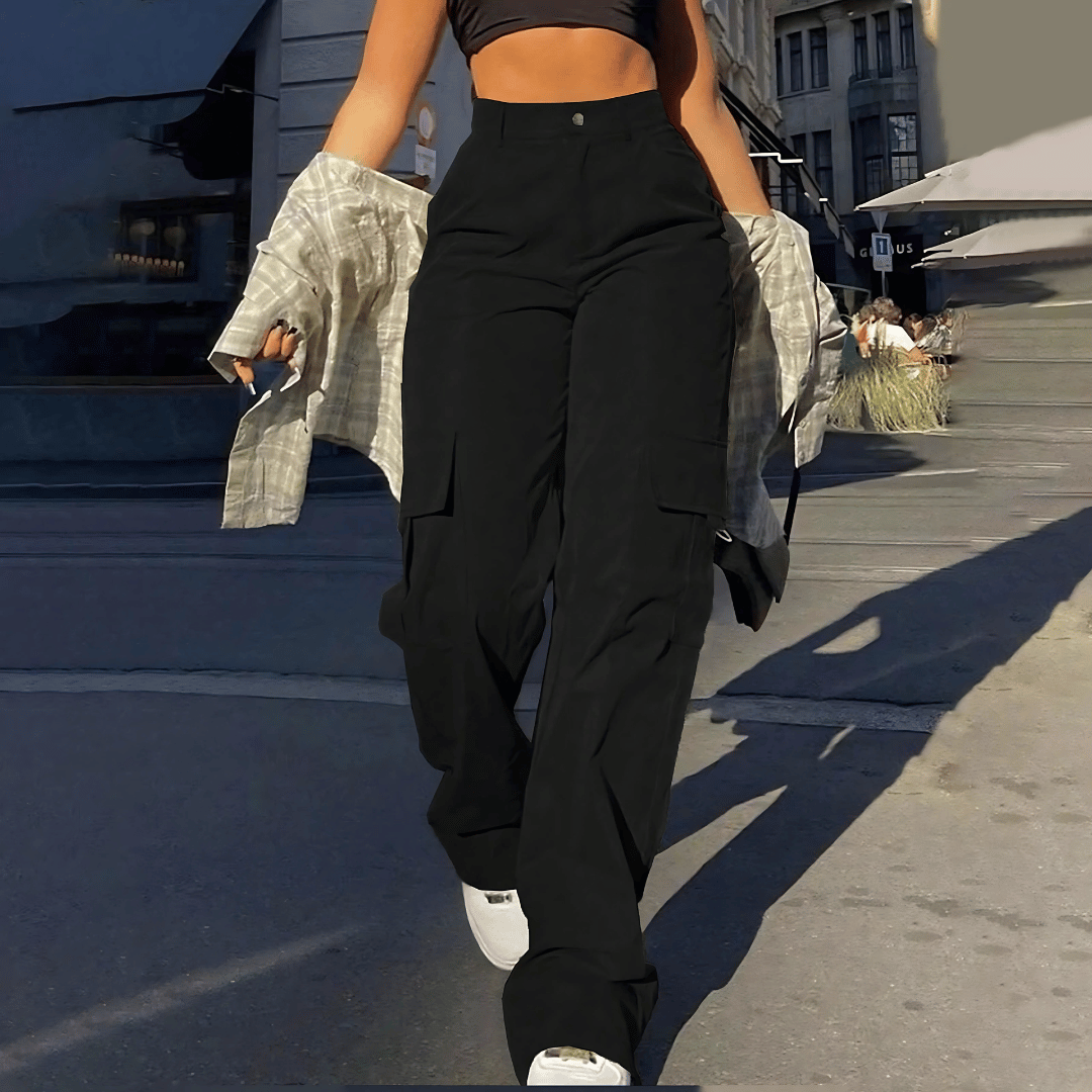 Women's high waisted cargo pants in a relaxed, straight leg fit, perfect for effortless streetwear and urban style.