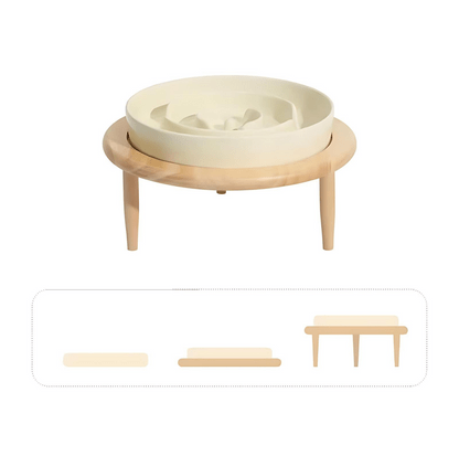 Pet slow feeder ceramic bowl with non-slip wooden stand, supports healthy dog & cat digestion.