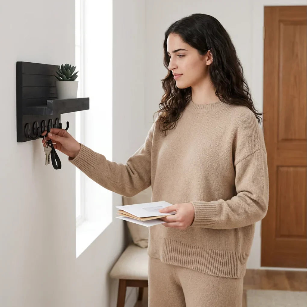 Decorative black entryway wall organizer with key hooks, mail slot, and storage shelf. Ideal for home decor.