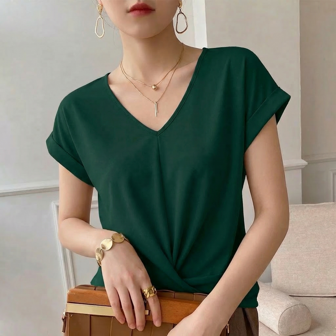 Black Women's Elegant Twist Front V-Neck Short Sleeve Top, perfect for casual or dressy everyday wear.