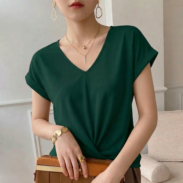 Black Women's Elegant Twist Front V-Neck Short Sleeve Top, perfect for casual or dressy everyday wear.