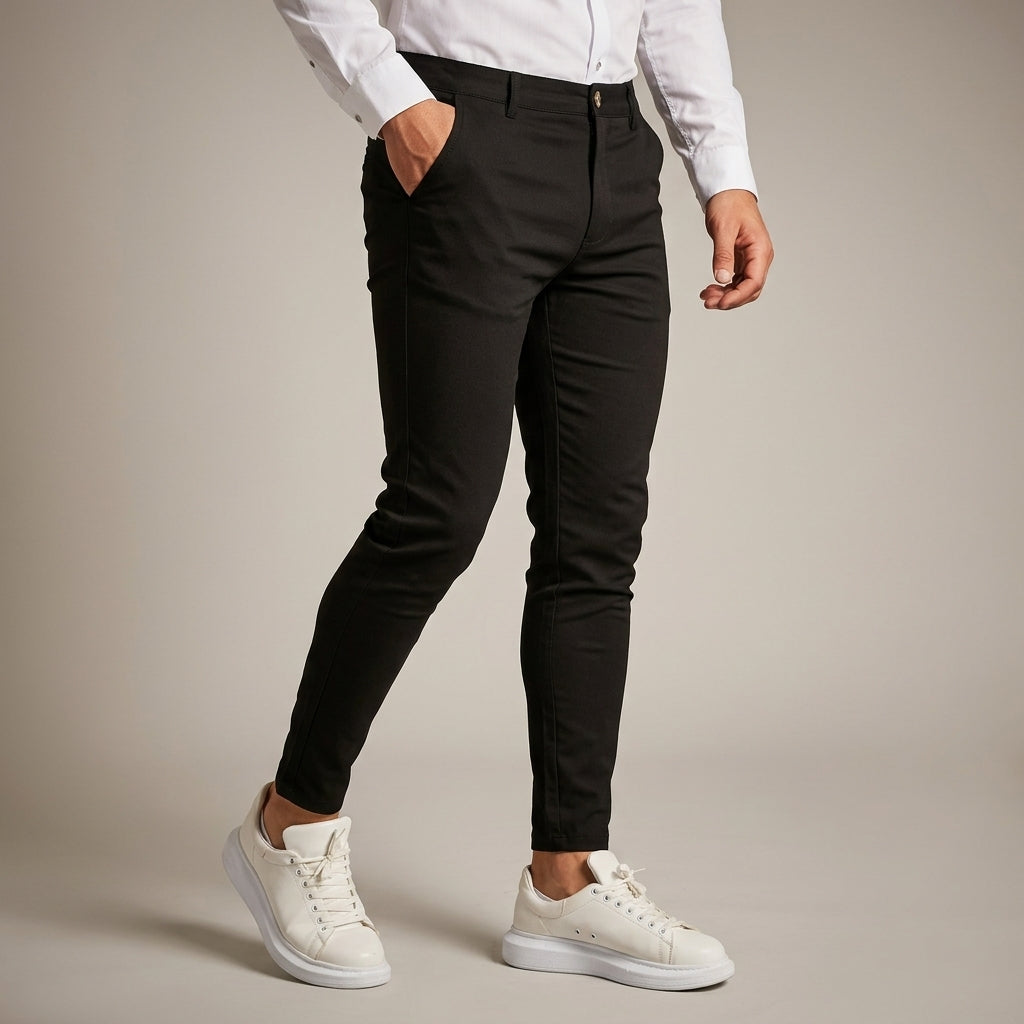Professional men's slim fit dress pants in navy, offering a modern, polished look for work or special occasions.