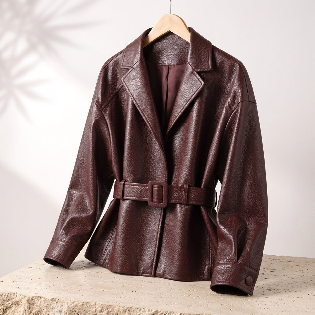 Women's luxurious tailored winter jacket, elegant brown outerwear, warm and chic for a sophisticated look.