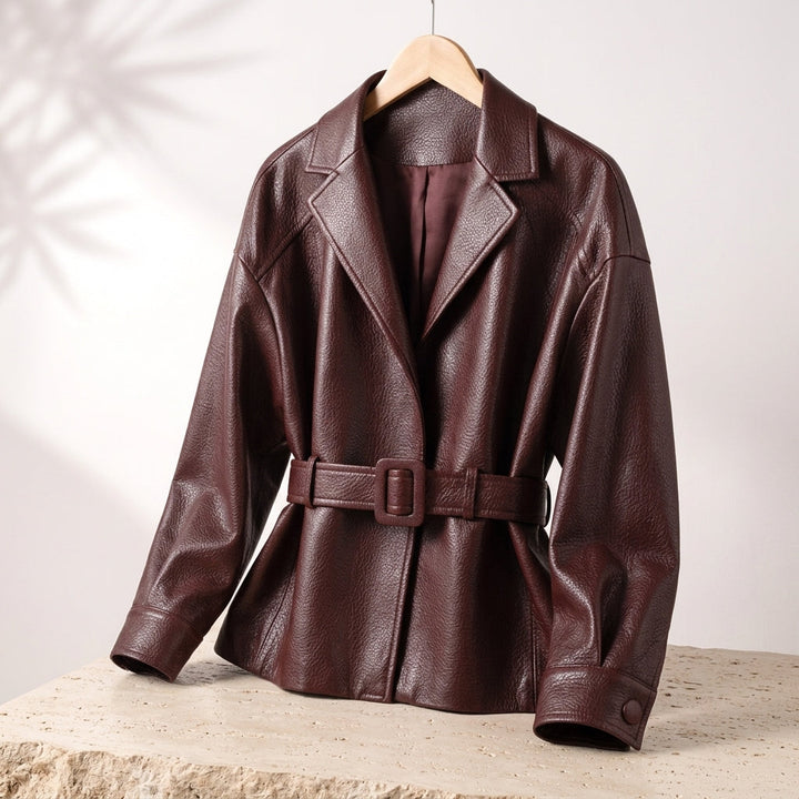 Women's luxurious tailored winter jacket, elegant brown outerwear, warm and chic for a sophisticated look.