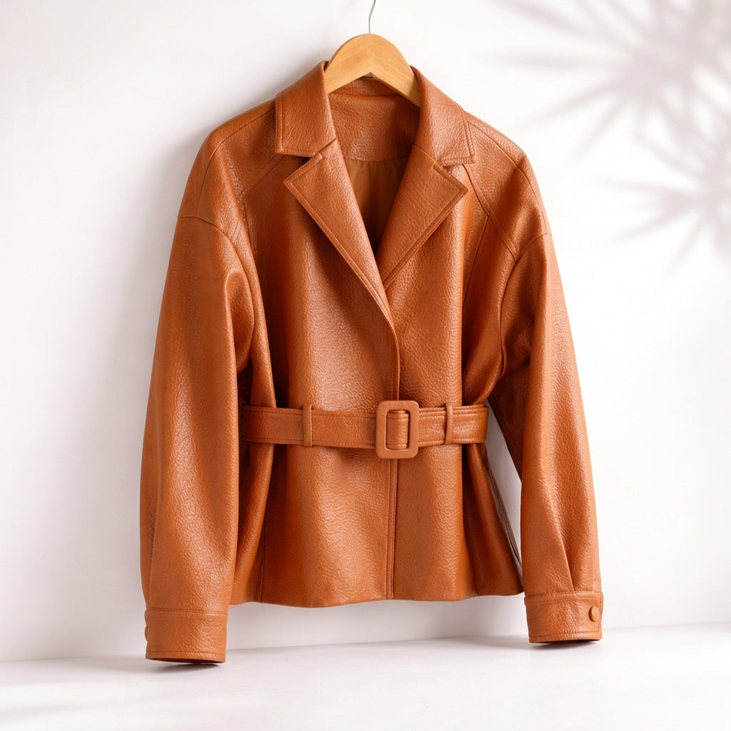 Chic fitted orange women's tailored winter jacket, luxurious and warm outerwear for elegant winter style.