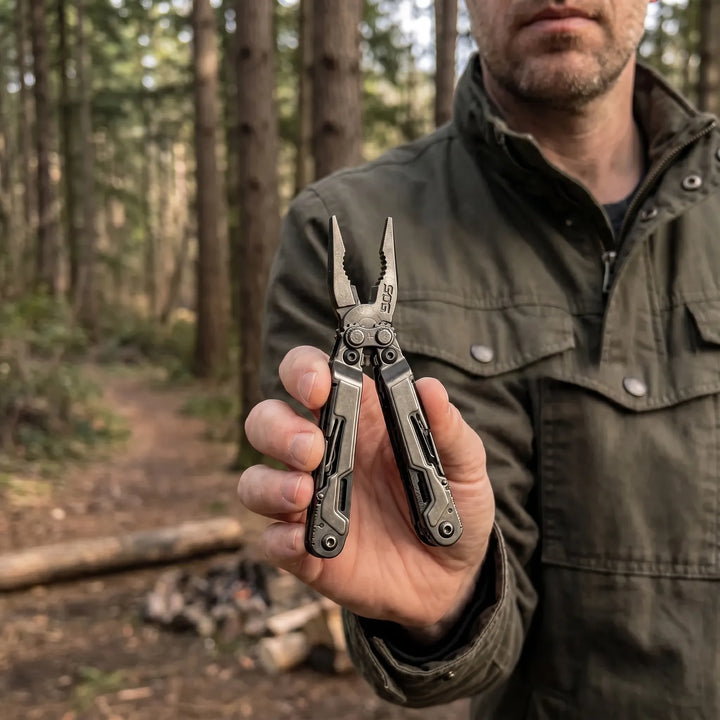 Men's 18-function folding multi-tool pliers for everyday carry, camping, and hiking.