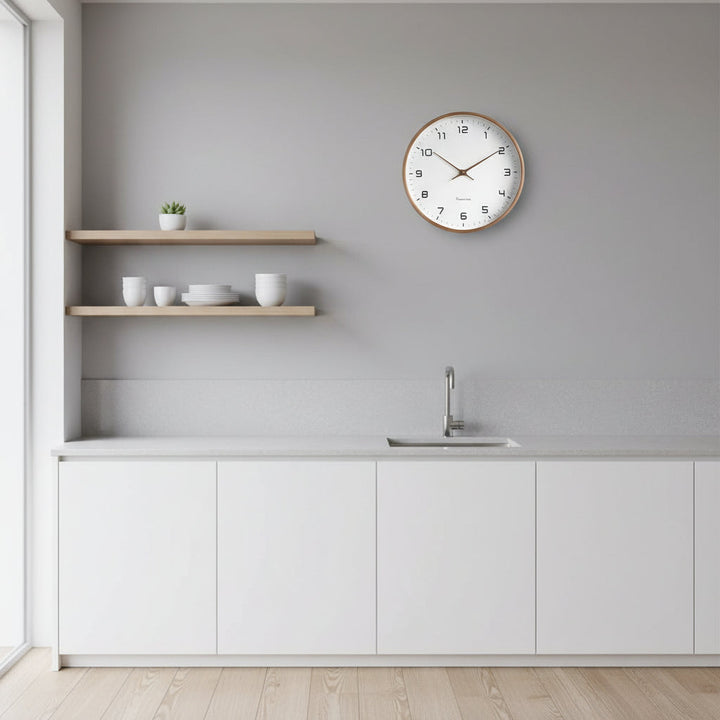 Minimalist beige wooden wall clock for office decor. Scandinavian design, silent quartz movement, modern style.