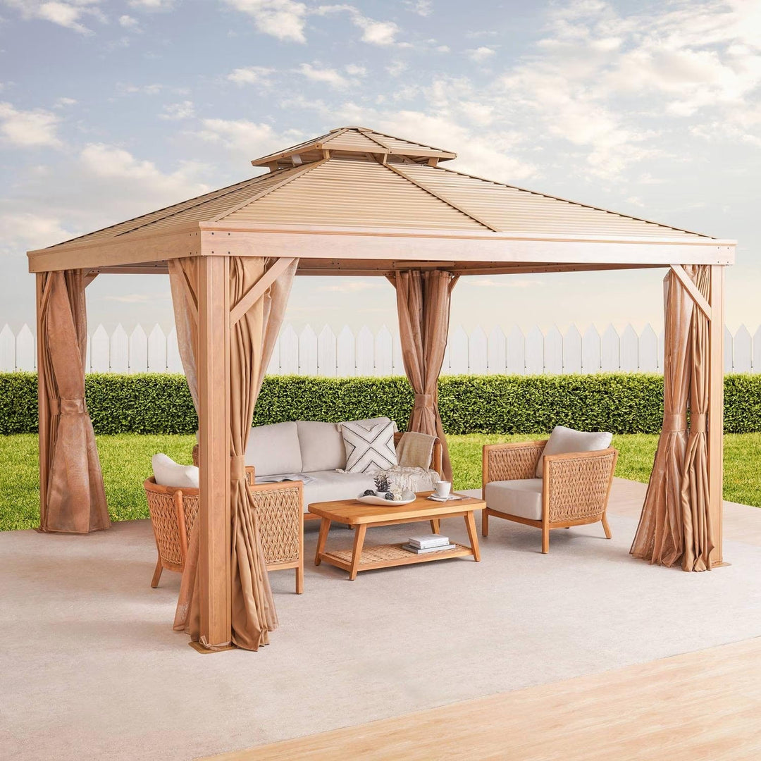 Brown outdoor garden gazebo with mosquito netting & privacy curtains. Metal frame canopy for patio shade & entertaining.