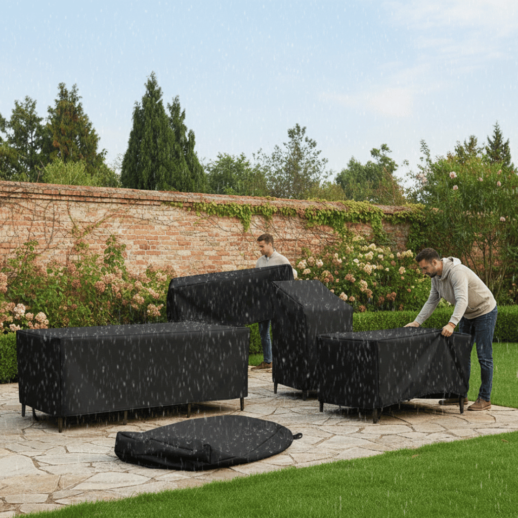 Durable outdoor furniture cover for patio sets, offering all-weather, UV-resistant, and water-repellent protection.