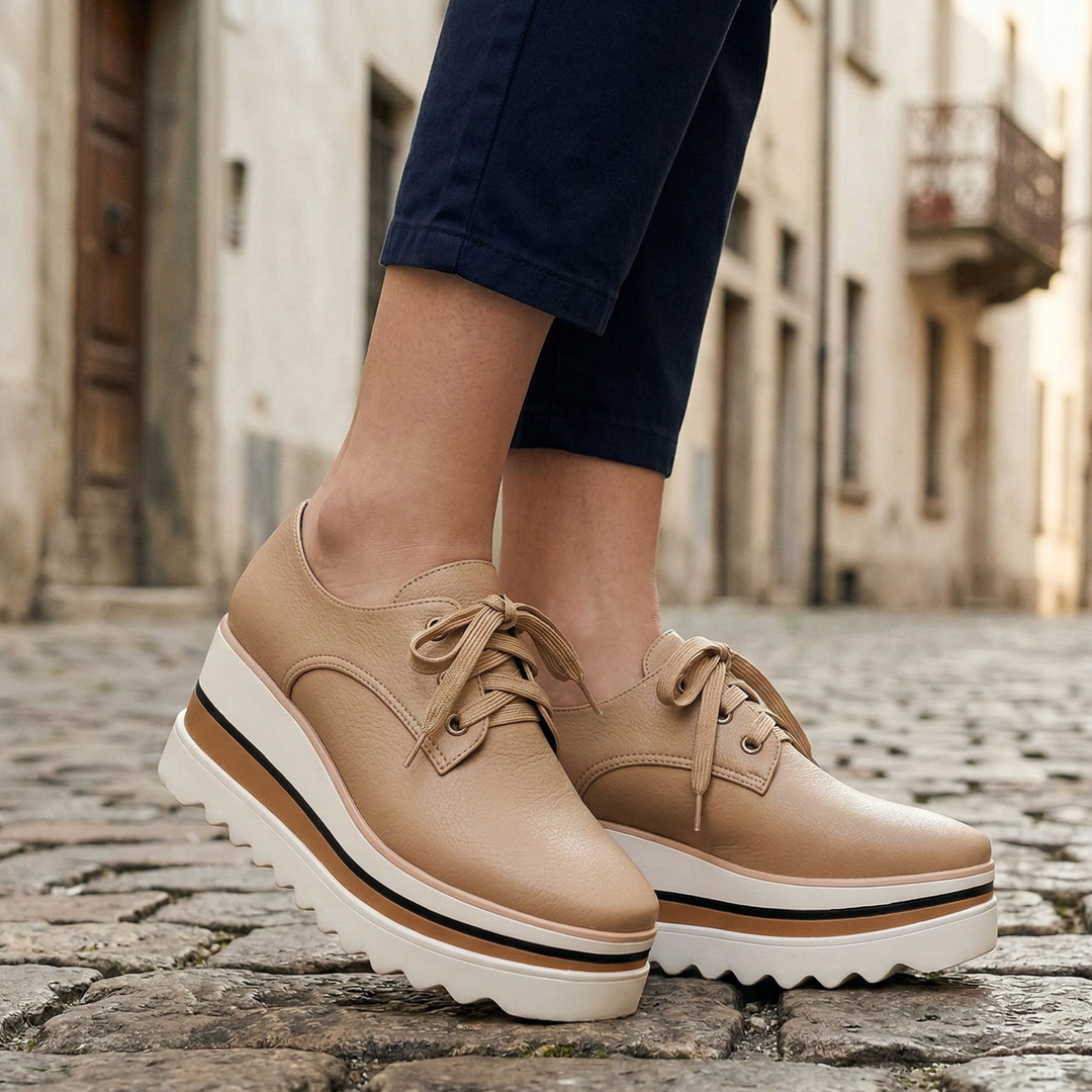 Black Elara women's orthopedic oxford platform dress shoes. Elegant lace-up style, comfortable for office wear & casual.