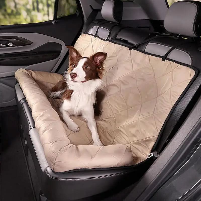 Beige Ultimate Pet Backseat Protector & Car Lounge, waterproof dog car cover for safe pet travel.