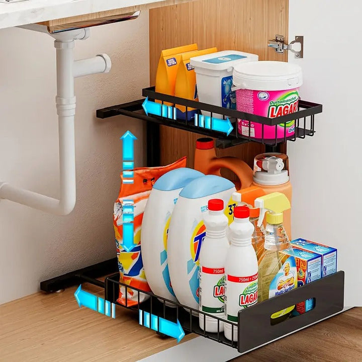 "2 tier slide out under sink organizer with L-shaped design, fits pipes, maximizes space, holds kitchen and bath essentials."