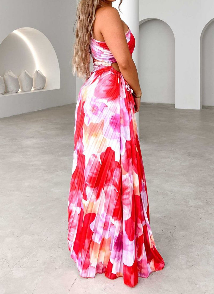 Graceful women's pleated floral maxi dress, ideal for weddings, parties, and formal events.