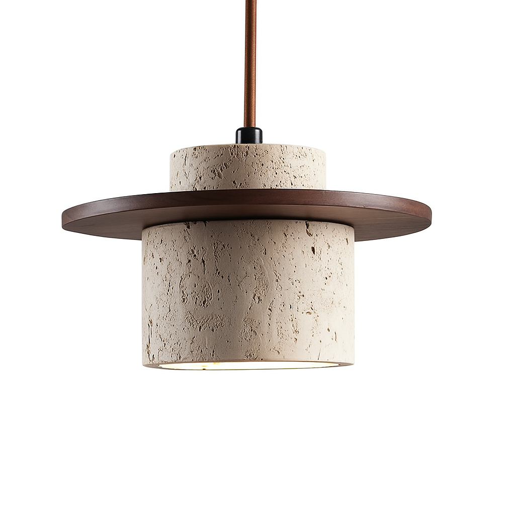 Natural Travertine Stone & Wood Ceiling Light for Interiors