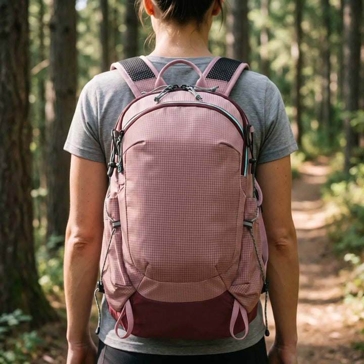 Unisex 5.3 Gallon hiking backpack for trail adventures. Lightweight, water-resistant nylon daypack for outdoor travel.