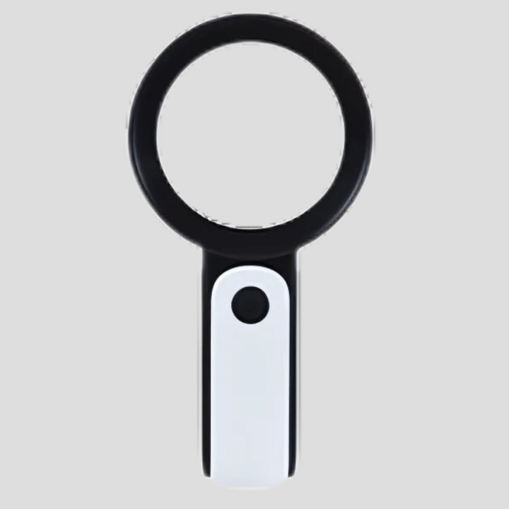 Clear 20x optical magnifying glass featuring a comfortable ergonomic handle for detailed viewing and reading aid.