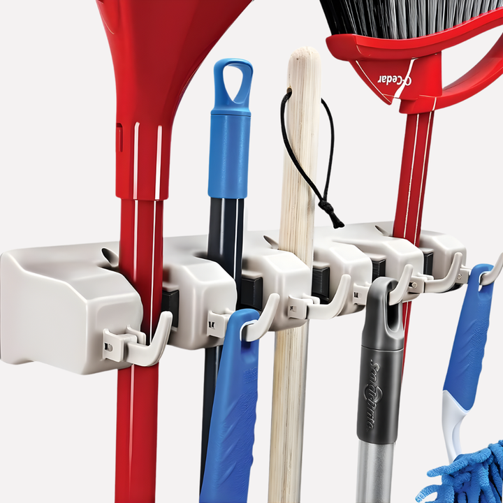 Efficient wall-mount tool & broom holder. Declutter your garage or home with this space-saving mop and utility organizer.