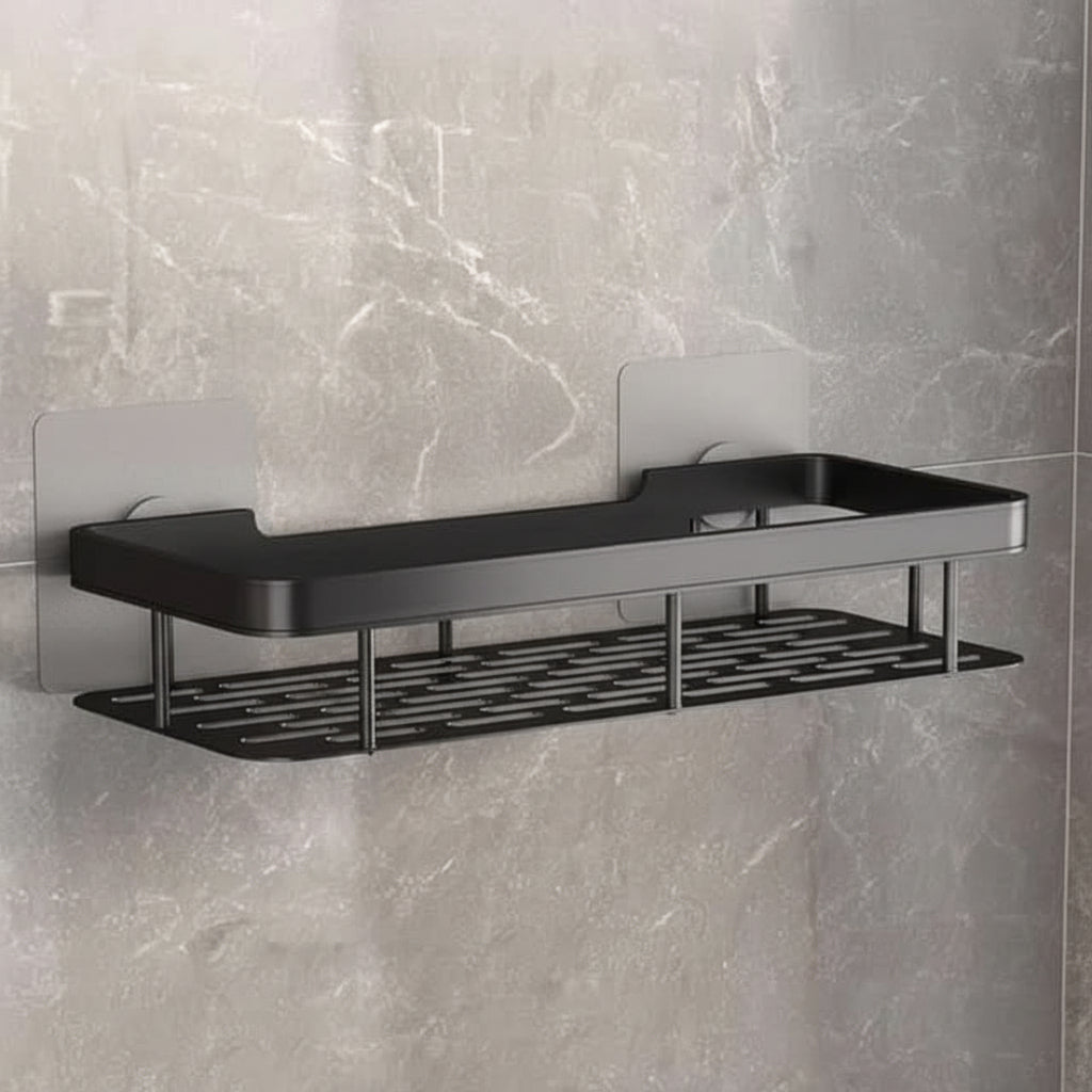 Modern drill-free adhesive bathroom shelf. Stylish wall-mounted storage for neat home decor.