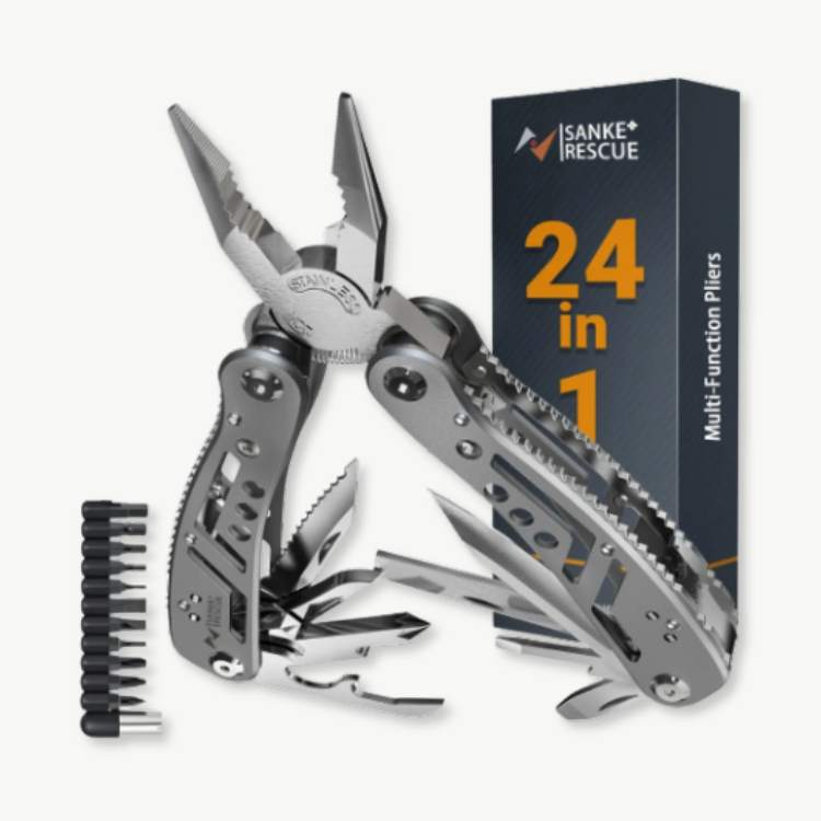 Collection of open tools from the 24-in-1 stainless steel multi-tool: screwdrivers, knife, pliers, wire cutter.