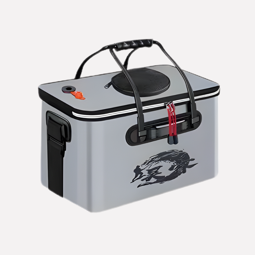 Angler's portable fishing bucket for live fish and bait, an essential foldable EVA fishing gear accessory.