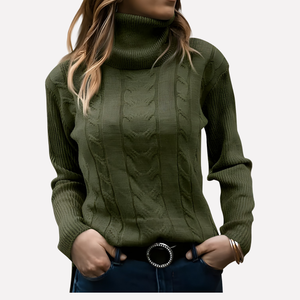 Essential women's turtleneck pullover sweater, warm and cozy for layering.