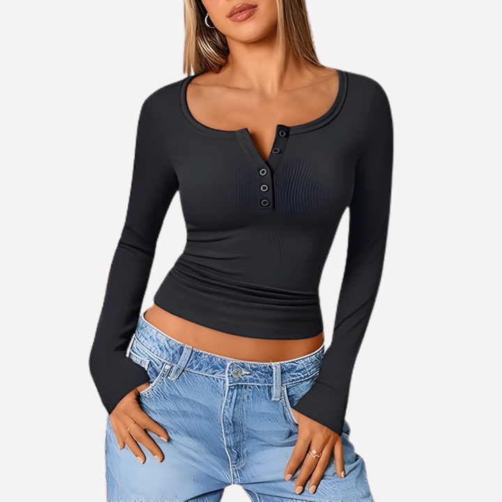 Stylish women's long sleeve henley top with a comfortable ribbed texture, ideal for casual fall fashion.