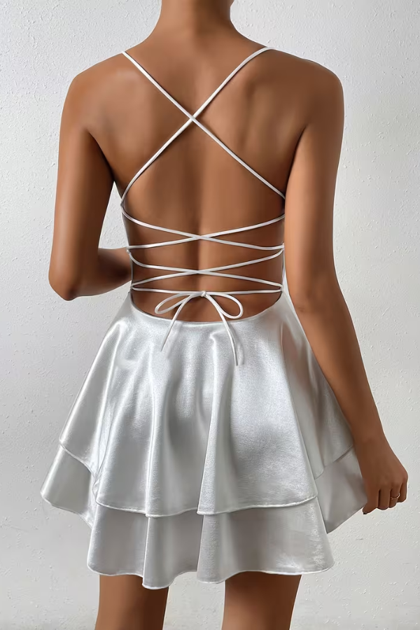 Chic V-neck pleated swing dress for women, featuring a stylish open back. Ideal for spring, summer, & date nights.