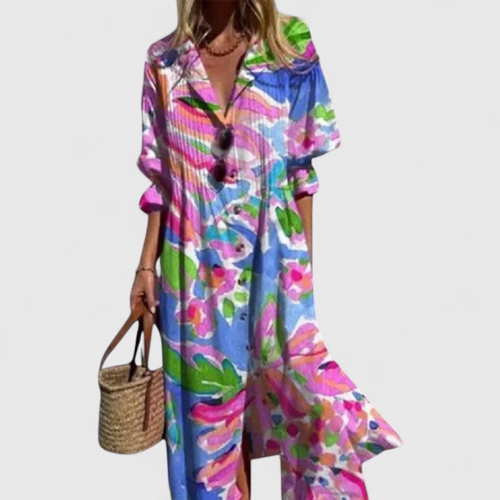 Stylish women's long sleeve boho maxi dress, botanical floral print, offering effortless summer elegance.