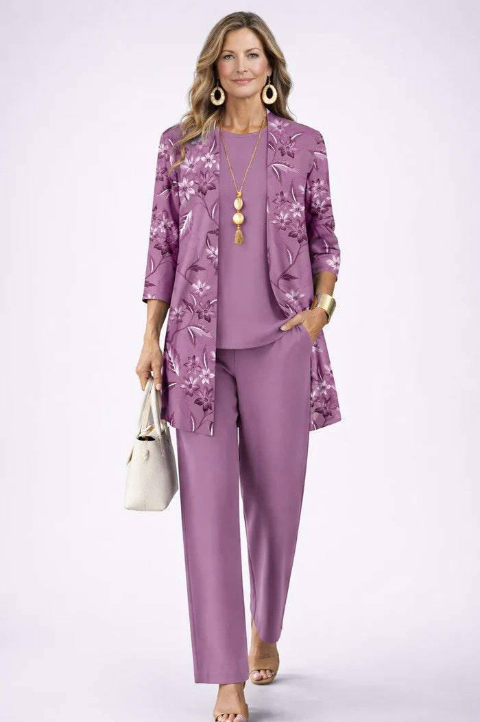 Women's smart casual 3-piece set, including a blazer, camisole top, and wide-leg trousers.