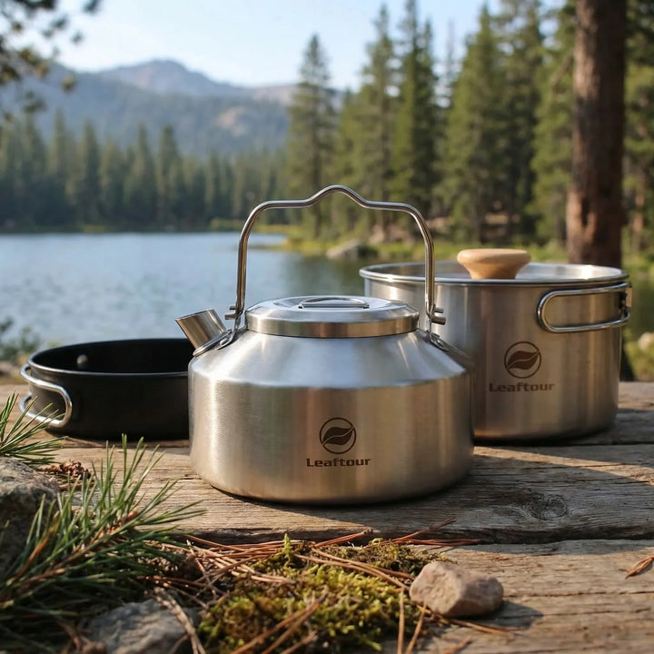 3-piece nonstick outdoor camping cookware set for backpacking and hiking. Portable kitchenware for camp cooking.