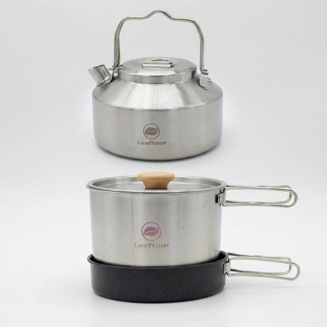 Versatile 3-piece nonstick outdoor cooking set. Stackable kitchenware for easy transport on camping & hiking trips.