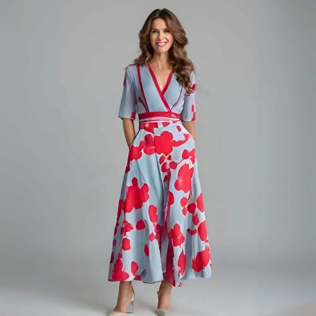 Women's elegant floral wrap maxi dress, flowing effortlessly for summer or spring special occasions.