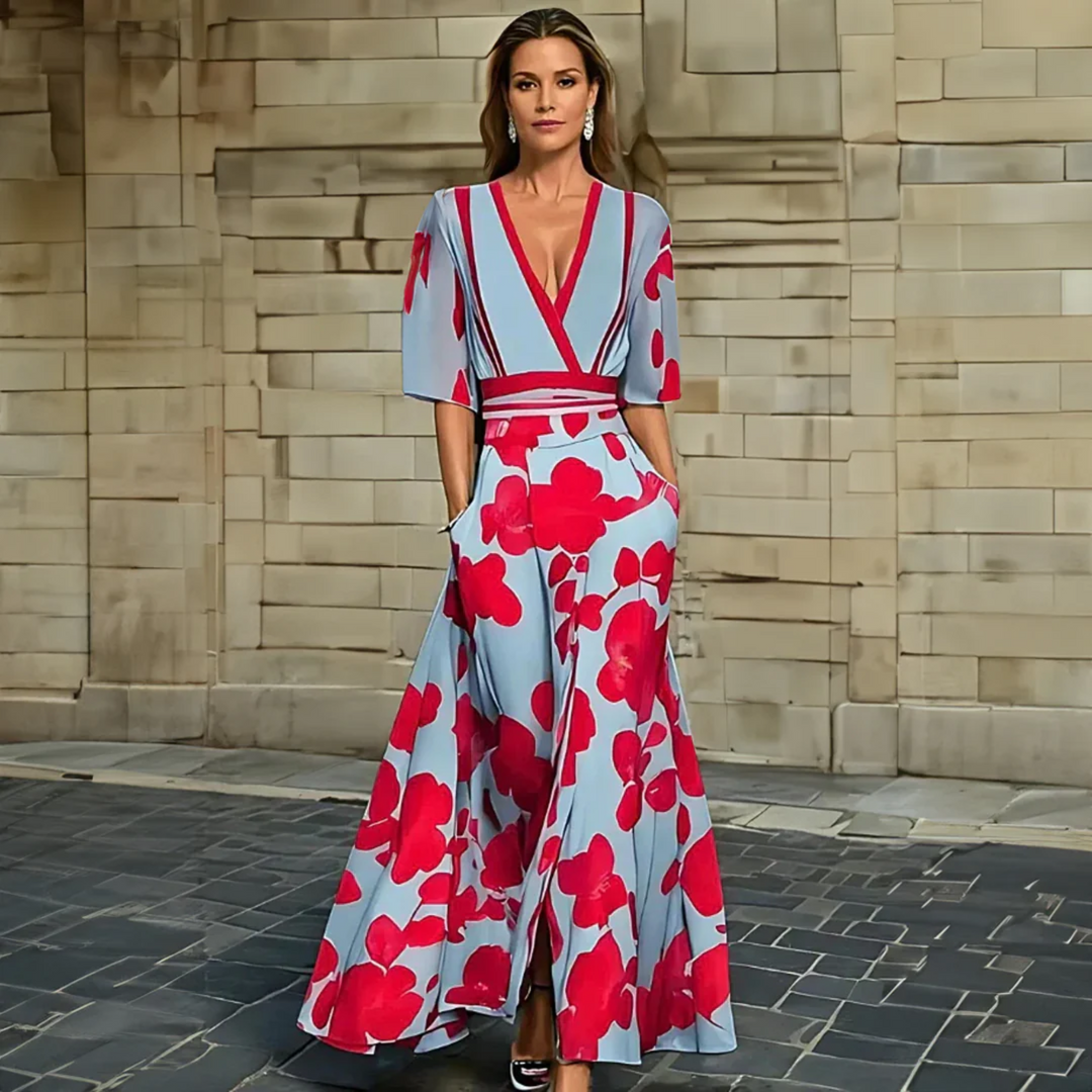 Stylish women's floral wrap maxi dress, a timeless piece for spring, summer, and special occasion fashion.