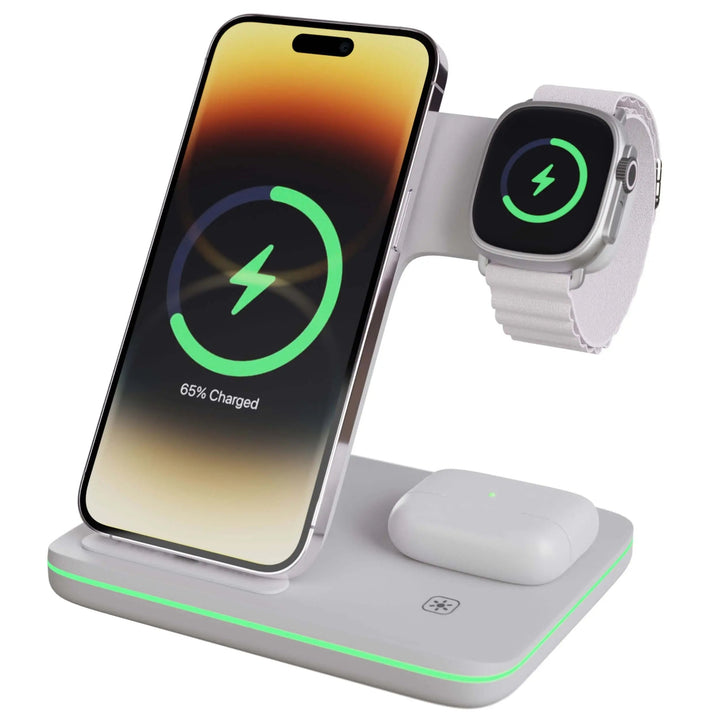 "3-in-1 Apple charging dock station for iPhone, Apple Watch, and AirPods in sleek black, declutter desk setup efficiently."