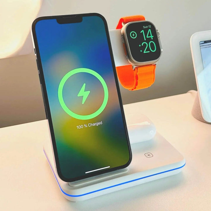 "3-in-1 Apple charging dock station for iPhone, Apple Watch, and AirPods in sleek black, declutter desk setup efficiently."