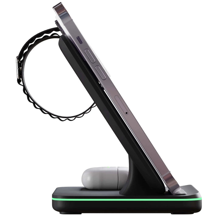 "3-in-1 Apple charging dock station for iPhone, Apple Watch, and AirPods in sleek black, declutter desk setup efficiently."