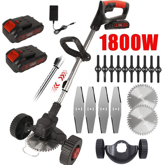 "3 in 1 cordless grass trimmer with retractable height for efficient lawn care, shown cutting thick grass and weeds."