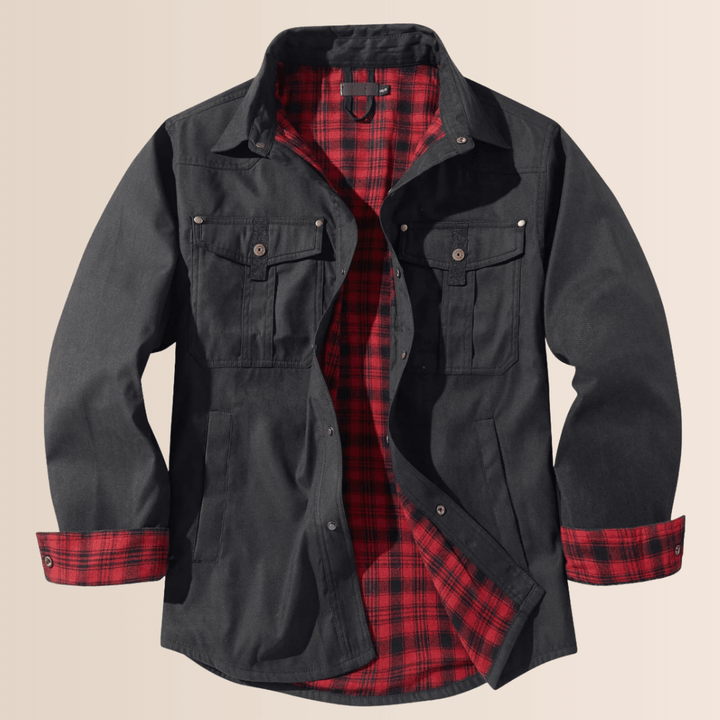 Rugged men's zip-up plaid flannel jacket for all-season layering. Comfortable vintage style outerwear.