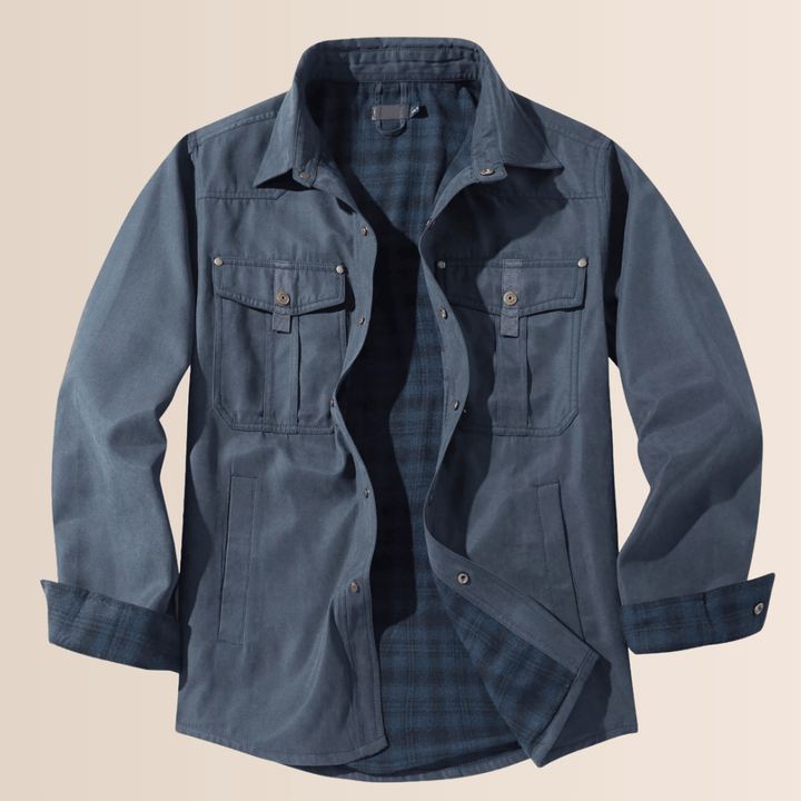 Classic men's vintage plaid flannel jacket. Rugged, comfortable western wear, great for casual style.