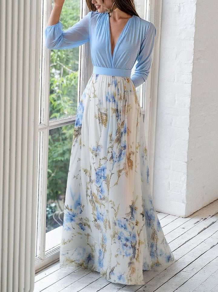 Bohemian floral maxi dress for women with a flattering V-neck, perfect for summer casual wear & vacation.