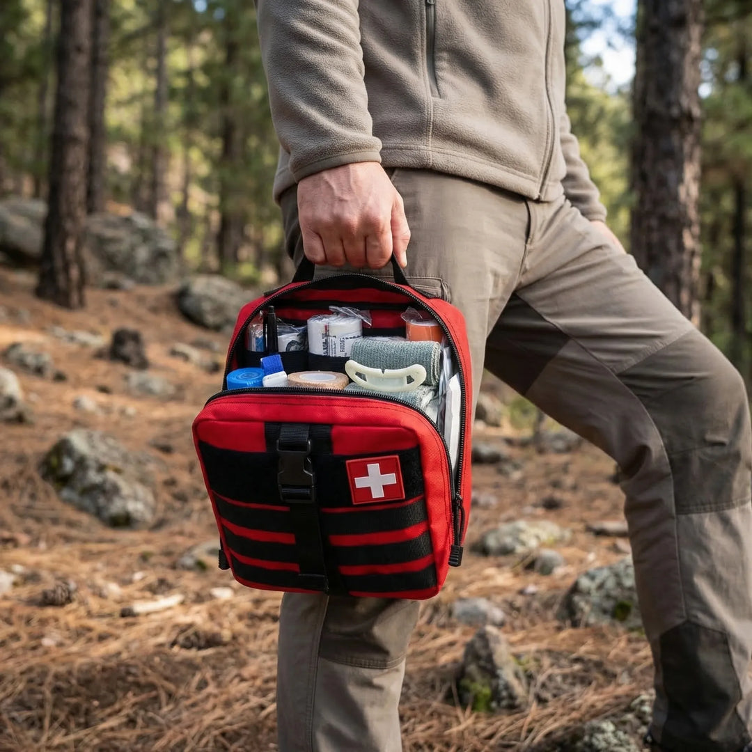 Portable Emergency First Aid Kit with 379 essential medical supplies for home, travel, camping, and car safety.