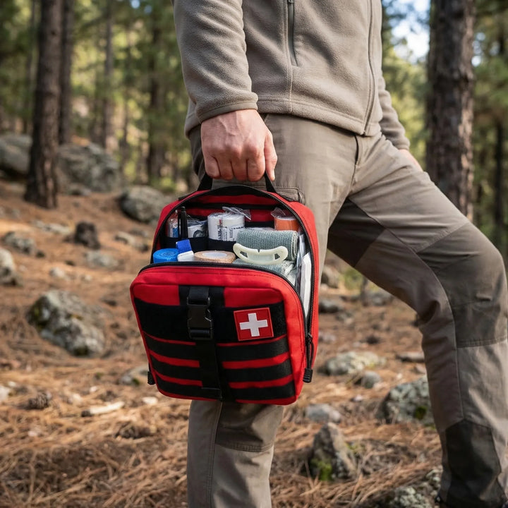 Portable Emergency First Aid Kit with 379 essential medical supplies for home, travel, camping, and car safety.