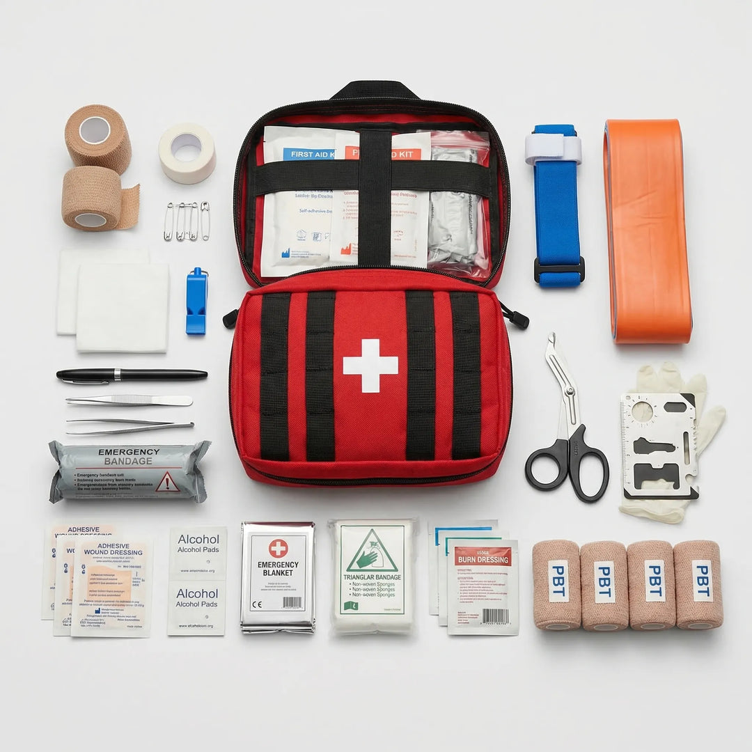 Compact 379-piece first aid kit for outdoor adventures, hiking, camping, and survival emergencies.