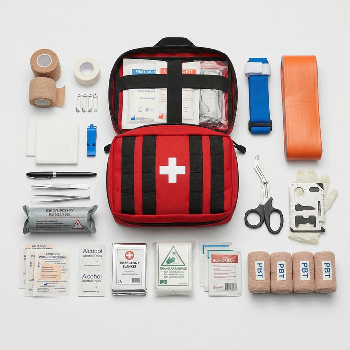 Compact 379-piece first aid kit for outdoor adventures, hiking, camping, and survival emergencies.