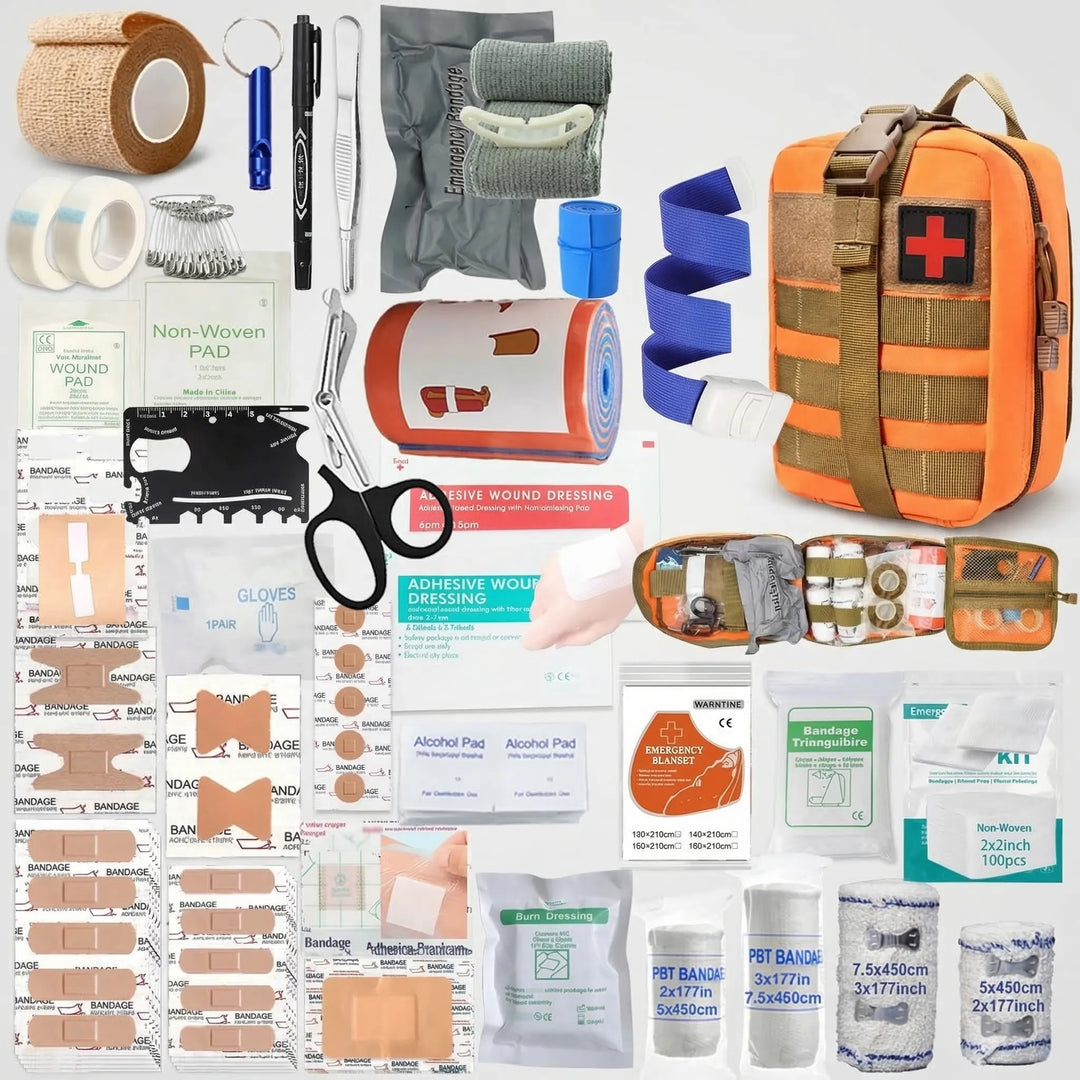 379-piece portable survival gear kit with bandages, antiseptic wipes, and essential medical supplies.