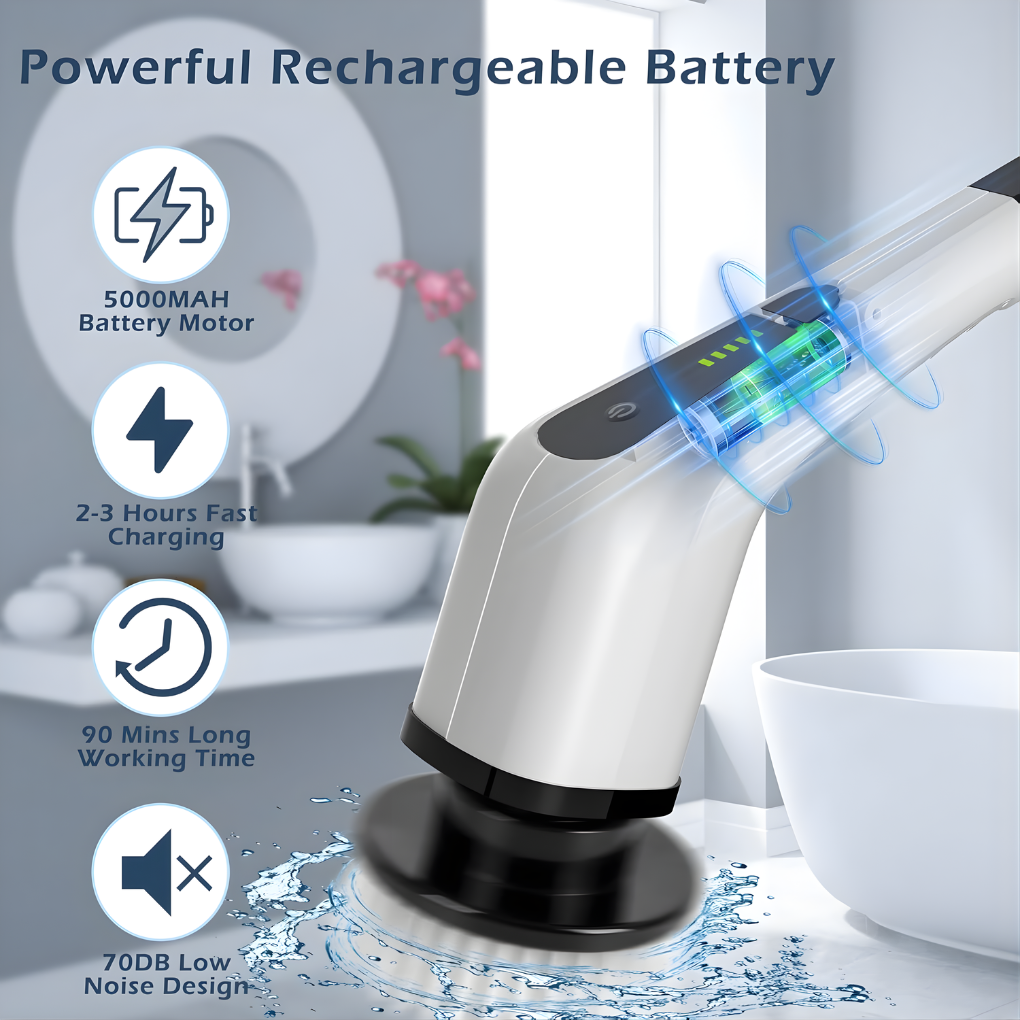 Adjustable handle cordless power scrubber for efficient household & car cleaning. Electric spin brush tackles tough grime easily.