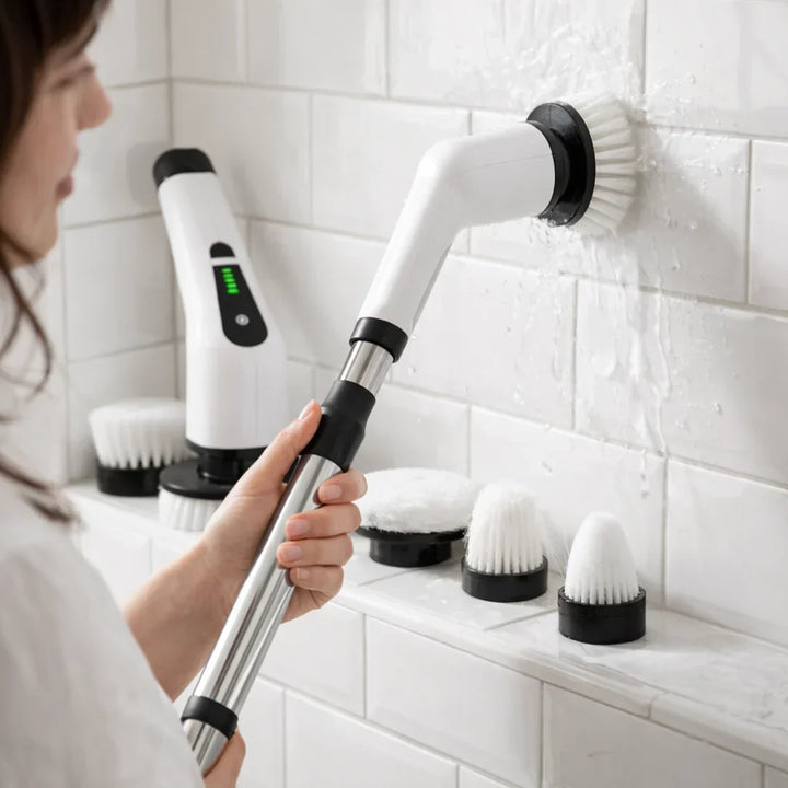 Rechargeable cordless electric spin brush for effortless kitchen, bathroom & car cleaning. Powerful adjustable handle scrubber.