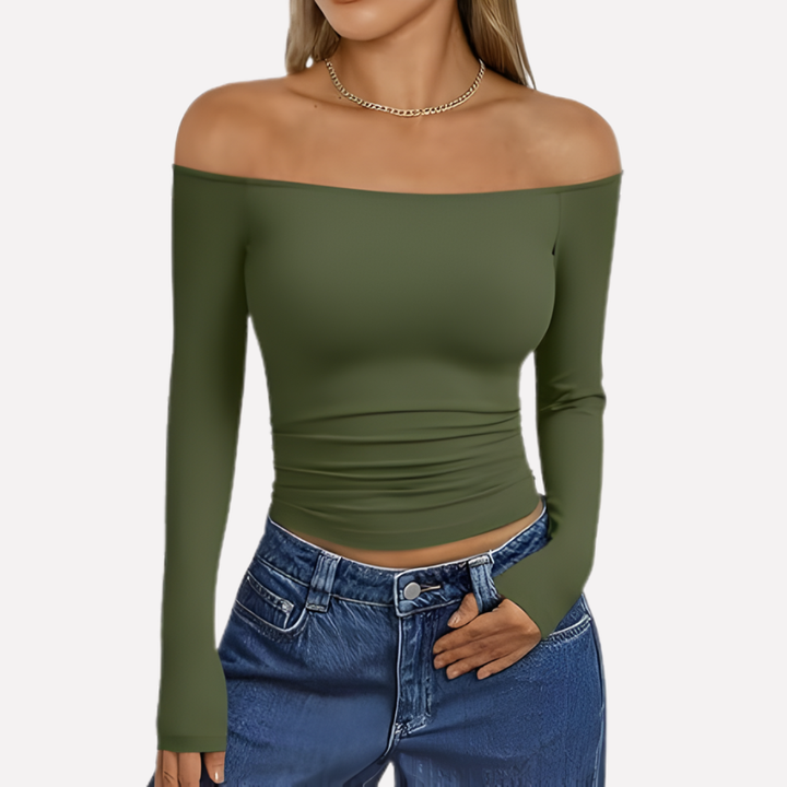 Stylish women's off-shoulder long sleeve blouse for a relaxed yet fashionable casual wear look.